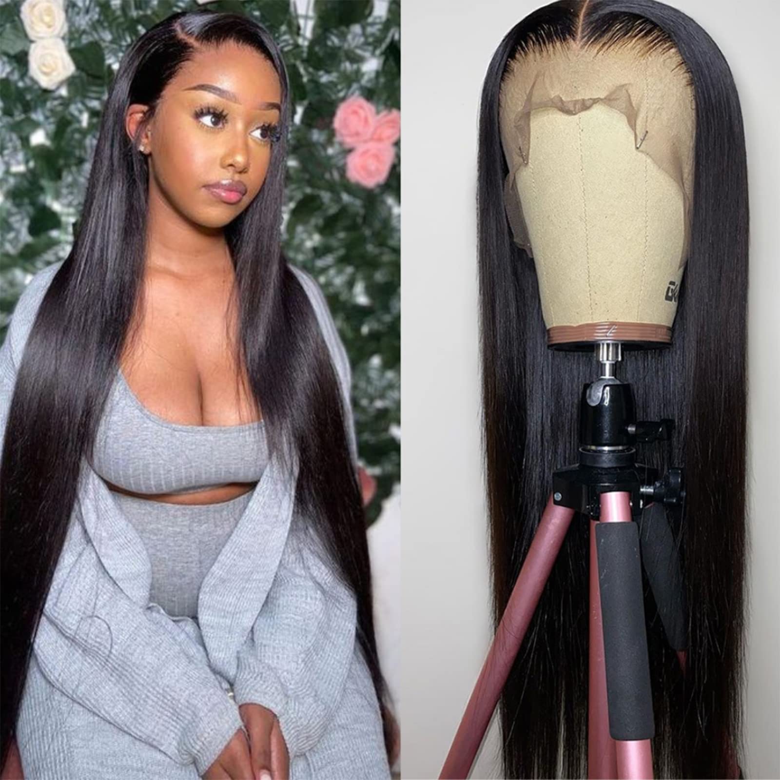 BunGiol 30 Inch Straight Lac Front Wig for Black Women with Brazilian Virgin Hair 180% Density Natural Black Color